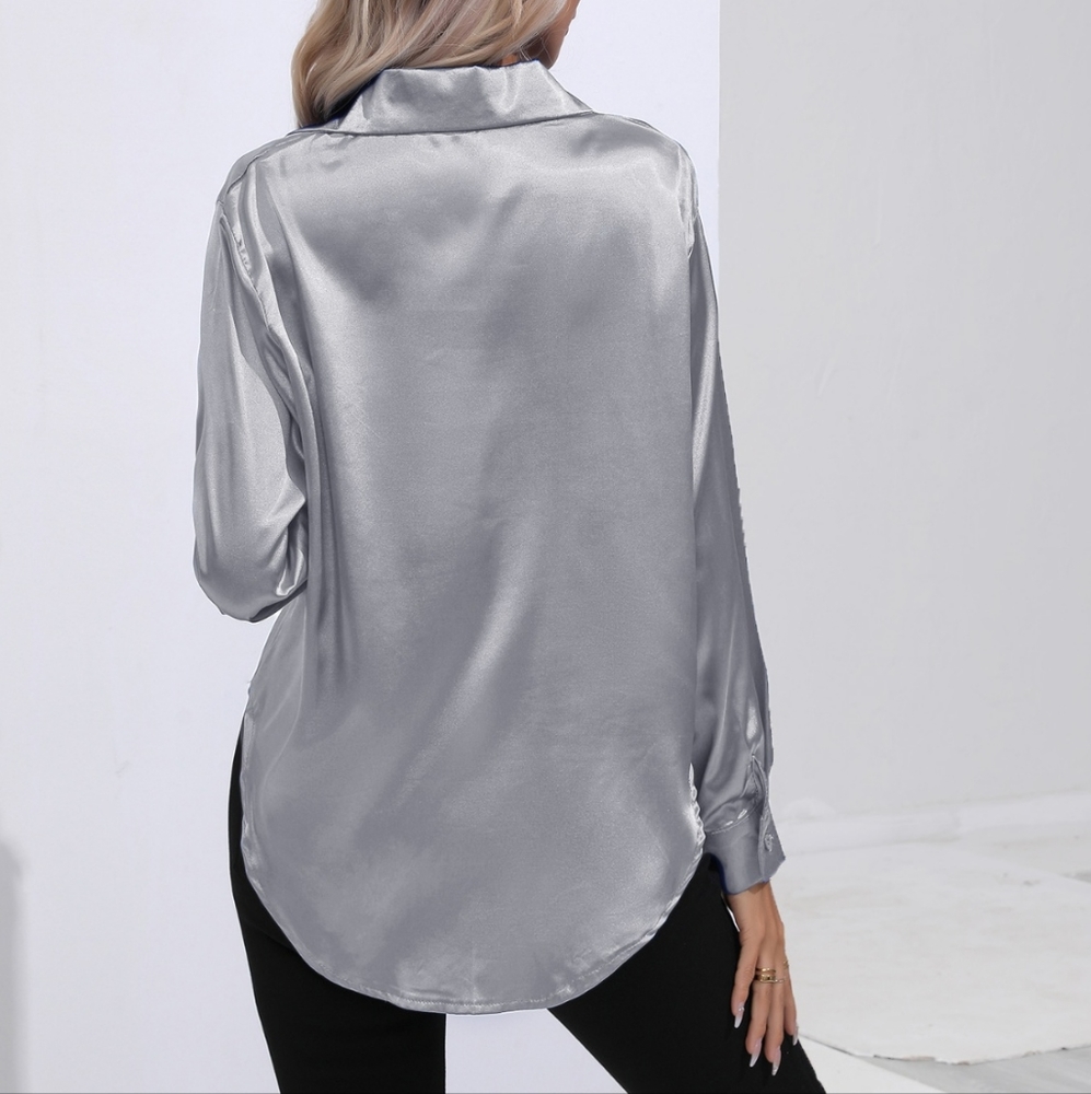 Satin Serenity Button-Up Shirt - Light Gray - Picture 2 of 3